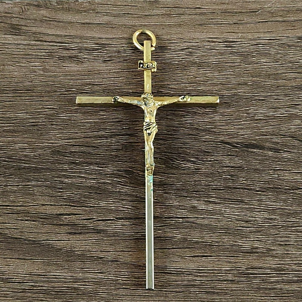 Vintage INRI Crucifix Pendant 3.5" Gold Tone Brass Corpus Cross